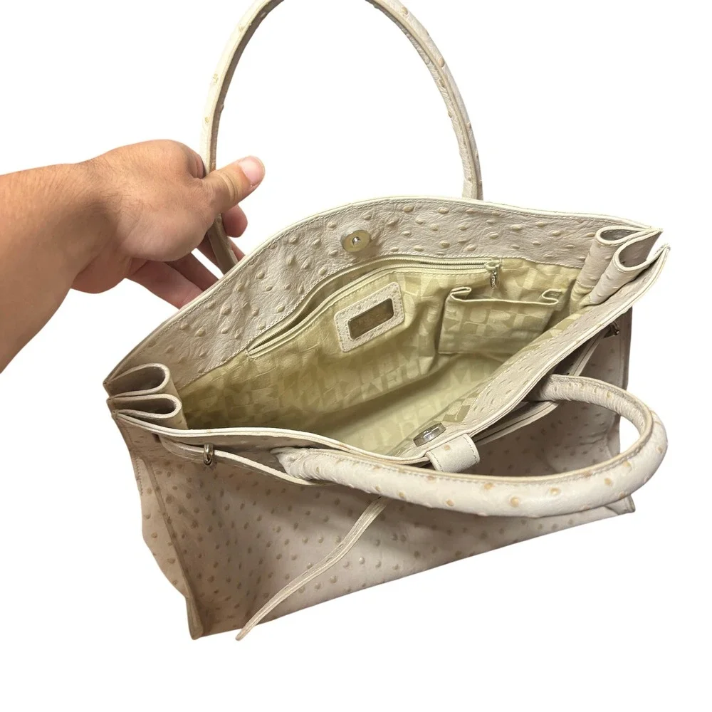 Furla Cream Ostrich Embossed Leather Satchel Double Handle Tote Handbag Women OS